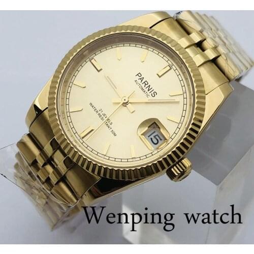 PARNIS Gold 36mm Top Luxury Classic Mechanical Watch Sapphire Crystal Date 21 Jewelry MIYOTA 821A Movement Automatic Watch