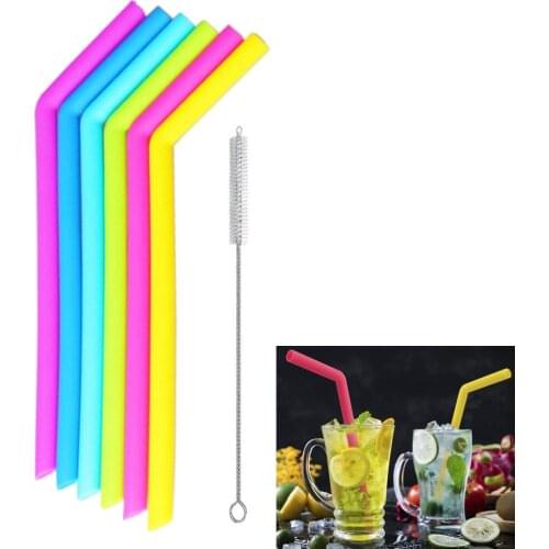 6Pcs Reusable Silicone Straws Food Grade Silicone Straws Drinking With Cleaning Brush Party Straws BPA Free Diameter 7mm / 11mm
