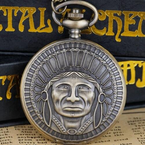 Steampunk Old Man Sculpture Pattern Pocket Watch with chainBronze Pendant Necklace Chain Vintage Pocket watches Men Gift