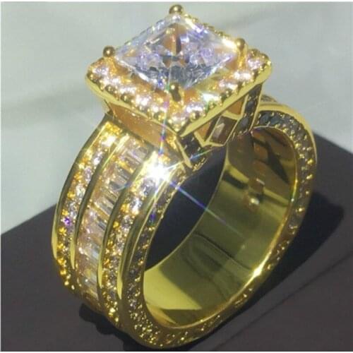 Gorgeous Women Gold Color White Blue Gem Crystal Ring Princess Bridal Zircon Wedding Ring Engagement Jewelry Anniversary Gift