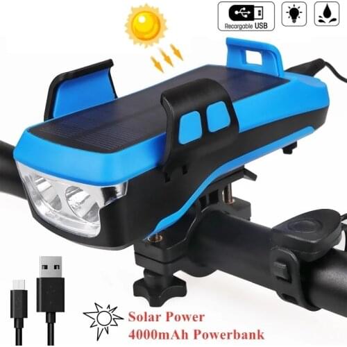 5 IN 1 Led Bicycle Light Front USB Rechargeable Solar Charging Horn Phone Holder bicycle Lamp Flashlight For Bike Light Lantern