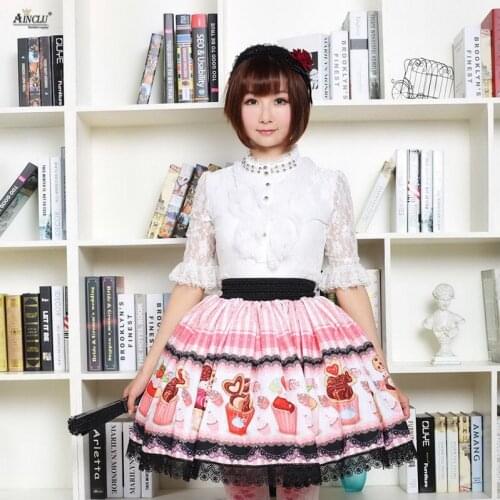Pink Cupcake Printed Black Lace Summer 2018 Japanese Style Lolita Princess Lace Dress Skirts Womens Sweet Pleated Lolita Skirts