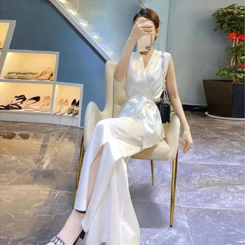 Women 2021 Summer Fashion Satin 2 Pieces Set Suits Female V-neck Sleeveless Blouse Tops +high Waist Wide Leg Trousers Sets B32