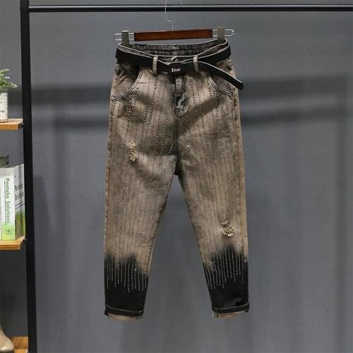 2021Spring Autumn Streetwear Women High Waist Spliced Diamonds Jeans All-matched Casual Ankle Length Denim Harem Pants Plus Size