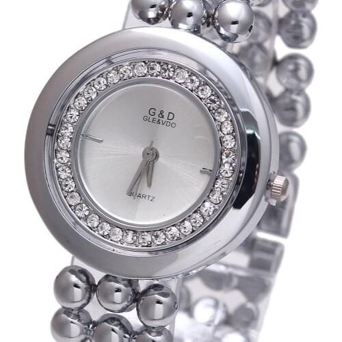 G&D Womens Quartz Wristwatches Stainless Steel Relojes Mujer Luxury Crystal Dress Bracelet Watch Relogio Feminino Gold/Silver
