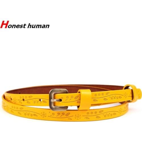 100% Real Genuine Leather Belts For Women Floral Carved Cowhide Coppery Square Pin Buckle Thin Belt Female Luxury Designer Strap