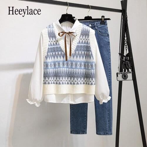 Women Autumn 3 Piece Set Women Office Work Ladies Suits Fall Winter Outfits Casual Korean Style knitted Vest Shirt Pants Sets