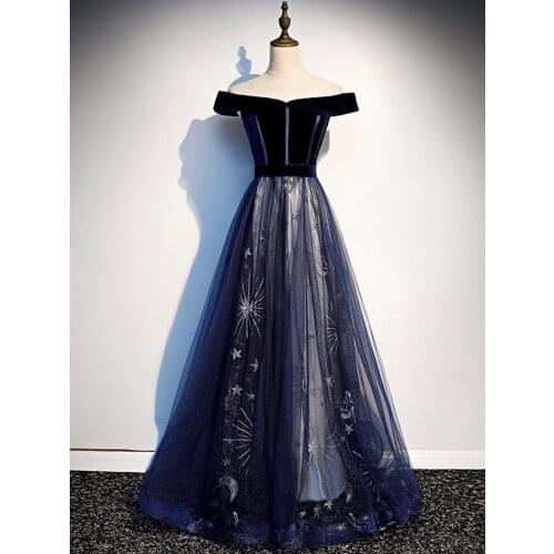 Floor Length Velvet Formal Evening Dresses Boat Neck Party Dress Fashion Navy A Line Prom Gown 2019 Vestido de Festa