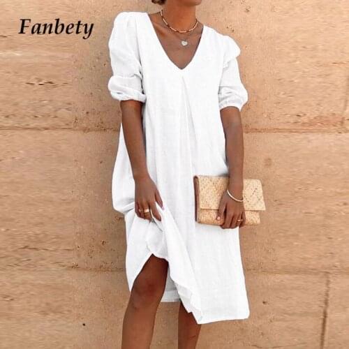 Women Elegant Solid Color Puff Sleeve Party Dress 2021 Summer Sexy V-Neck Long Dresses Ladies Casual Fashion Loose Dress Vestido