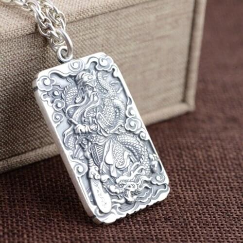 100%S990 fine silver antique style men square the duke guan gong pendant Thai silver wholesale birthday gift