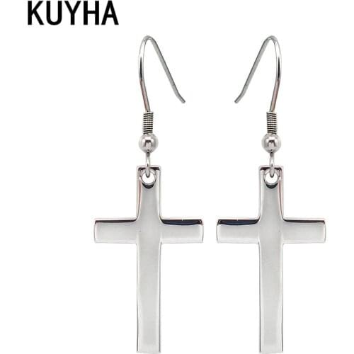 Fashion Jewelry Cute Earrings Cross Long Thin Earrings for Women One Pair Silver Color Stainless Steel Earrings