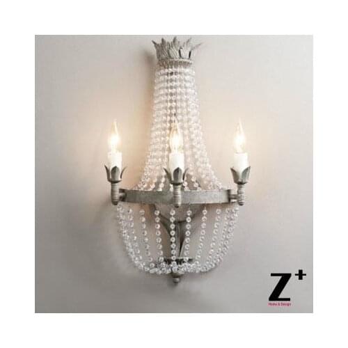 American French Vintage Dauphine Crystal Metal Wood Beads Sconce Crystal Sconce Style Wall Lamp Lustre Lighting