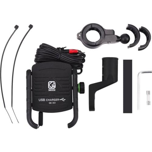 Kewiq QC3.0 USB Fast Charging Aluminium Alloy Motorcycle Phone Holder With USB Charger 360 Degree Rotate Motorbike Mobile Phone