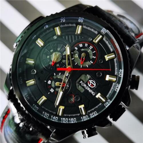 Forsining 2020 Mens Mechanical Watch Automatic Self Wind Calendar 3 Sub Dial Shiny Black Genuine Leather Military Relogio Clock