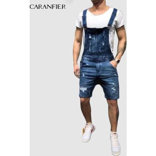 CARANFIER Campus Student Jeans Siamese Strap Old Denim Overalls Loose Casual Comfortable Straight Five Points Siamese Strap Hole