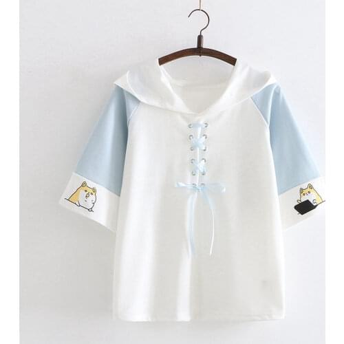 2021 Spring Summer Lovely Comic Dog Pattern Hooded T-shirt Japanese Kawaii Patchwork Lace Bow Short Sleeve Tee For Teen Girls