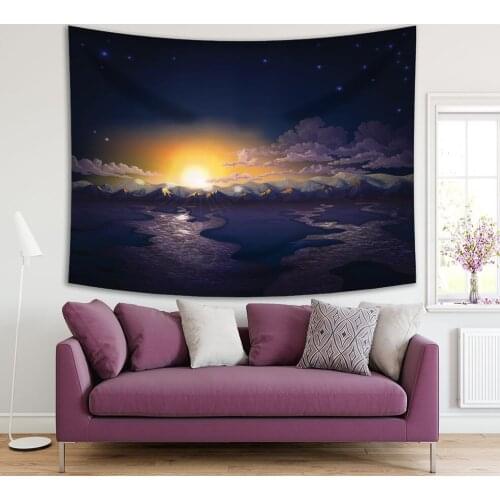 Tapestry Night Landscape with Mountain Ranges Rivers Clouds Stars and the Setting Sun Wild Nature View Navy Yellow