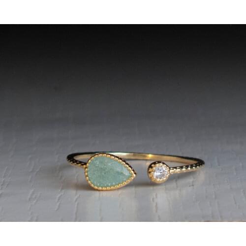 Dainty Silver Color Golden Pear Shape Green Stone Open Ring for Women Wedding Adjustable Engagement Rings Party Jewelry Gifts