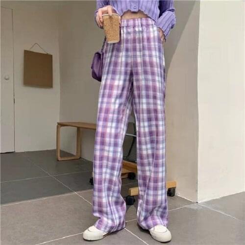 Kawaii womens plaid wide-leg pants Korean casual sweet and cute high-waist straight-leg pants ulzzang Harajuku Oversize pants