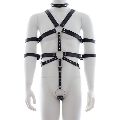 New Arrival Mens Lingerie Sexy Male PU Leather Full Harness Restraint Set Adjustable Halter Neck Nightclub Clothing Clothes