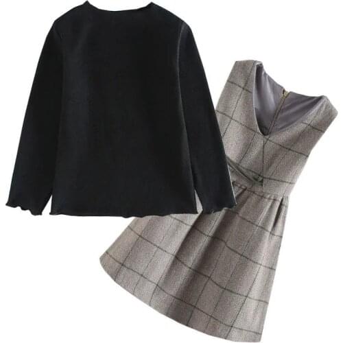 Spring And Autumn Polyester Girls Suit Dress New 2021 Fashion V-Neck Plaid Bow Two-Piece Middle-Skirt Casual Childrens Clothing