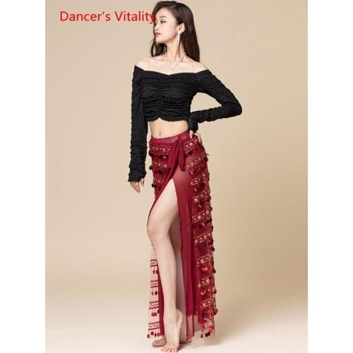Belly Dance Clothing Seniore Long Sleeves Top+sequins Split Skirt Suit for Women Performance Practice Clothes Oriental Outfit