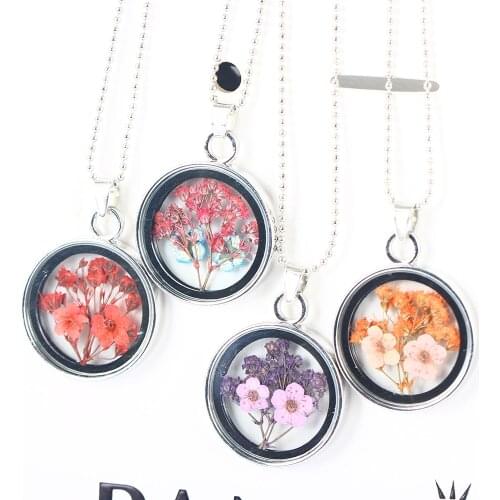 BeautifulDried Flowers Round Glass Ball Pendant Necklace Long Chain Charms Necklace Summer Fine Women Jewelry