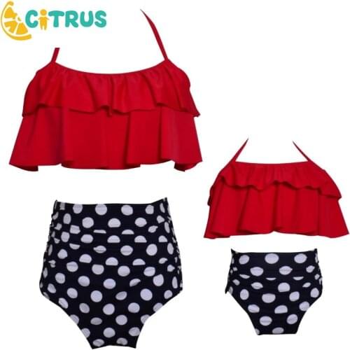 Summer Parent-Child Swimsuit Printed High Waist Piece Swimsuit Girls Color Beach Bikini Ruffled Mother Daughter Swimwear
