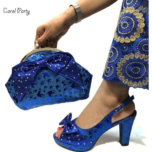 Fashionable Nigerian Shoes and Bag Set African Sets Royal blue Color Italian Shoes with Matching Bags for Royal Wedding Party