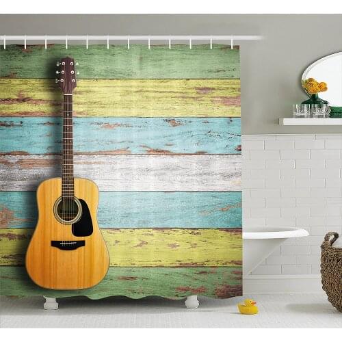 Music Shower Curtain Acoustic Guitar on Colorful Painted Aged Wooden Planks Rustic Country Decor Wall Decoration Curtains