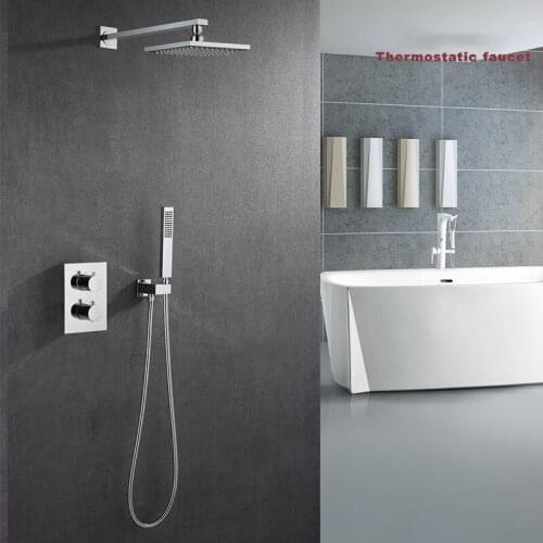 Chaowalmai Bathroom Shower Set Chrome Rain Shower Faucet Wall Mounted Thermostatic Valve System 8-10"Shower Head