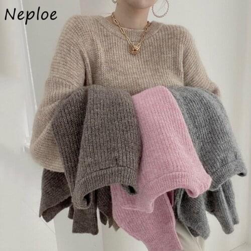 Neploe 2021 New Autumn Simple Solid Color Sweaters Women O-neck Loose Casual Female Knitted Pullovers Long-sleeved Knit Tops