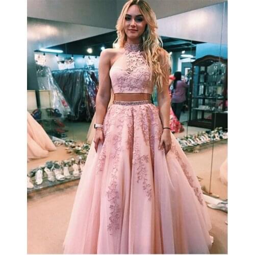 2020 2 Pieces Pink Prom Quinceaneras Dresses Lace Appliques Vestidos Para Ball Gown Masquerade Backless Tulle Evening Dresses