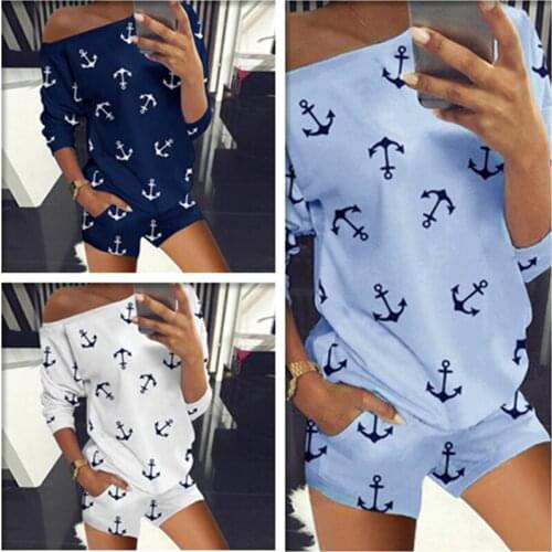 Suit shorts t-shirts women Hot style Europe two-piece United States womens printing long sleeve suit Boat Anchor fashion