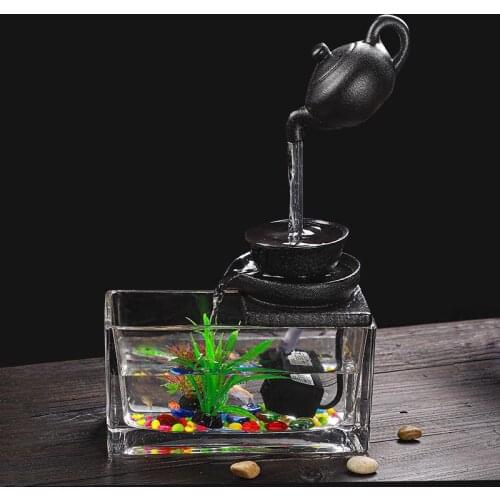 110V/220V Transparent Glass Small Water Fountain Fish Tank Ceramic Indoor Fountains Office Ornaments Feng Shui Office Home Decor