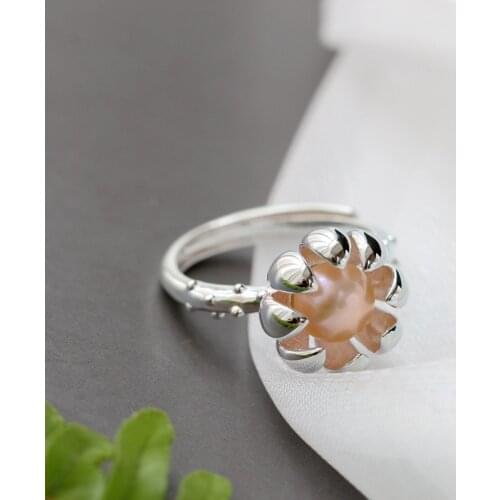Real 925 Sterling Silver Rings Inlaid Natural Freshwater Pearl Fashion Handmade Creative Flower Opening Adjustable Ring Jewelry