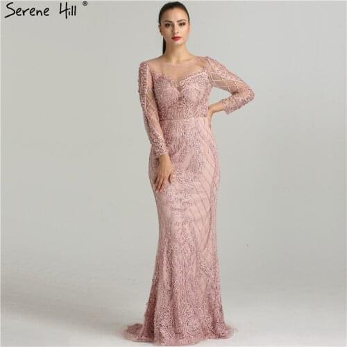 Pink Long Sleeves Pearls Crystal Evening Gowns 2020 Mermaid Sexy Elegant Formal Evening Dress LA6274 Plus Size