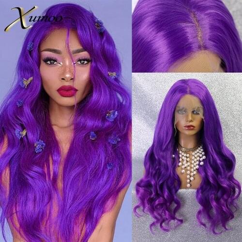 XUMOO Heat Resistant Purple Synthetic Wig Glueless Ombre Pink 13x6 Synthetic Lace Front Wig Wavy Cosplay Wigs For Black Women