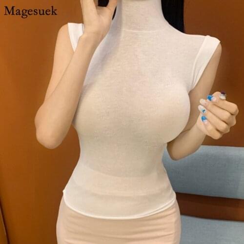 Sexy Sleeveless Slim Tank Tops Women 2021 Korean Turtleneck White Tank Tops Vest Fashion Solid Corset Tops Women Clothes 16073