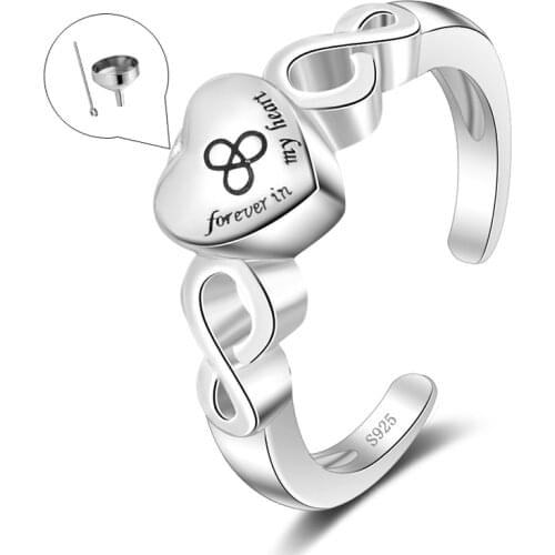 Urn Rings 925 Sterling Silver Forever in My Heart Cremation Open Size Adjustable Finger Rings for Women Memorial Jewelry
