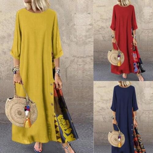 Summer Vintage Stitching Dress Womens Maxi Sundress 2020 Casual 3/4 Sleeve Female O Neck Floral Robe Plus Size