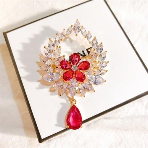 Vintage Red White Zircon Crystal Teardrop Brooches Pins for DIY Wedding Bridal Bouquets Jewelry Accessories Rhinestone Broches