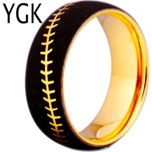 YGK 8MM Width Golden Plated Dome Tungsten Ring Baseball Stitch Design Ring For Wedding 100% Pure Tungsten Ring
