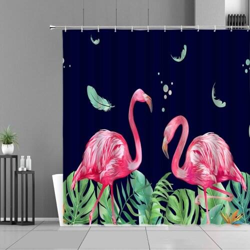 Flamingo Shower Curtains Tropical Green Plants Bathroom Curtain Animal Pattern Bath Screen Home Decor Cloth Waterproof Polyester