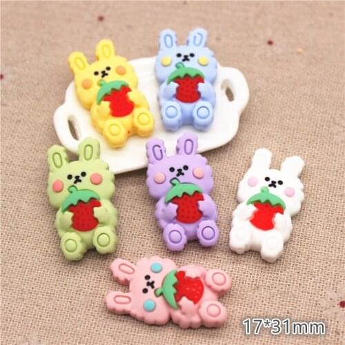 Cute New Resin Animal Bunny with Strawberry Flatback Cabochon For Kids DIY Hair Clip/Home Decoration Accessories,17*31mm
