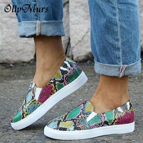 OllyMurs Women Snake Printing PU Leather Vulcanized Shoes Asakuchi Female Sneakers Fashion 2020 New Flats Loafers Zapatos Mujer