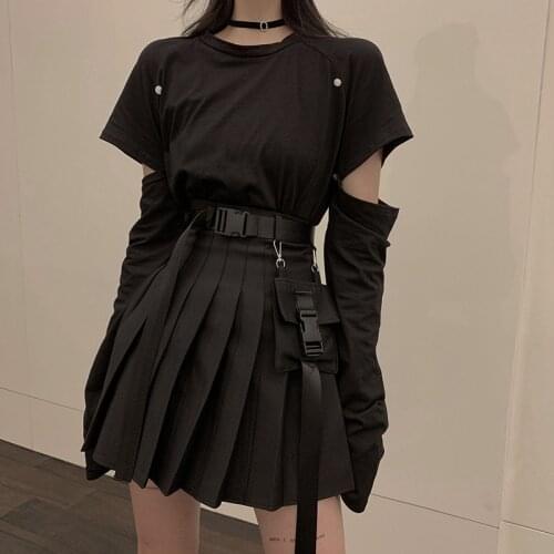 Street Fashion Hippop Girl Two Piece Dress Sets Hollow Out Long Sleeve Loose Shirt&Pleated Mini Skirt Sets Female 2pc Outfits