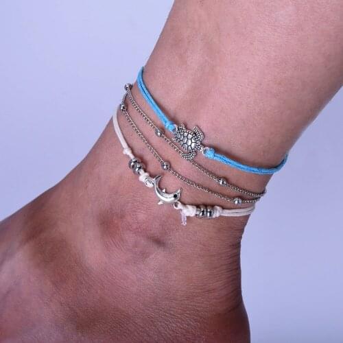 New 2021 Bohemia Retro Turtle Dolphin Women Multilayer Anklet Set Fashion Jewelry M3093