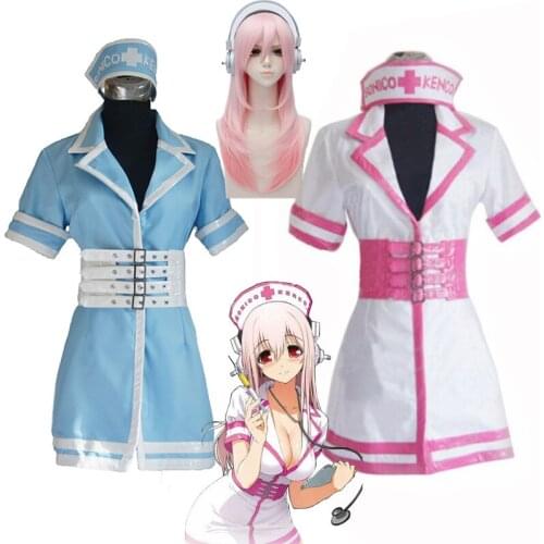2020 Super Sonico SONICOMI Nurse Uniform Cosplay Costume Outfit Supersonico 60cm Long Pink Ombre Hair Heat Resistant Cosplay Wig