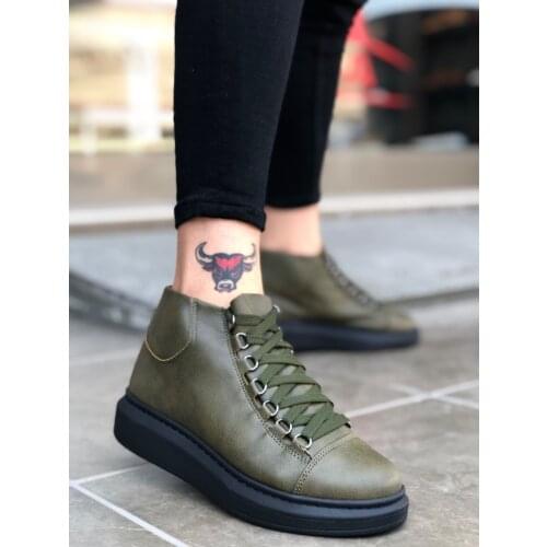 BA0032 BOA Laced Snekaers Khaki Thick Black Bottom Half Ankle Boot